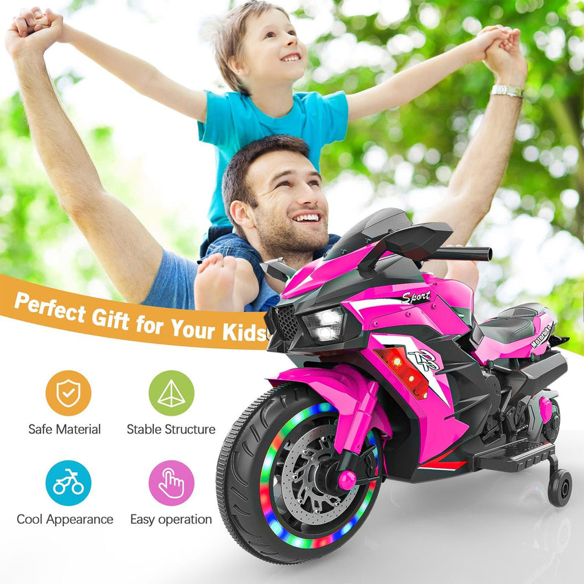 Kids Powered Ride - ons Toy, Kids Motorcycle for 3 - 6 Years, 12V Electric Ride on Motorcycle with Light Wheel & Bluetooth Music - Pink - 7DAY'S