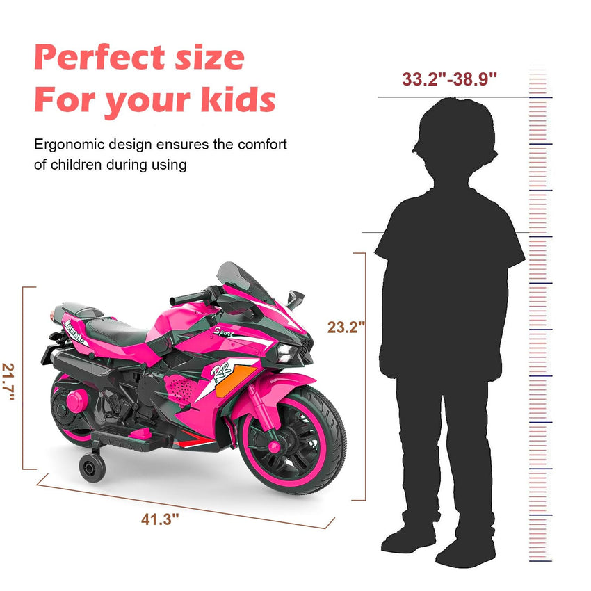 Kids Powered Ride - ons Toy, Kids Motorcycle for 3 - 6 Years, 12V Electric Ride on Motorcycle with Light Wheel & Bluetooth Music - Pink - 7DAY'S