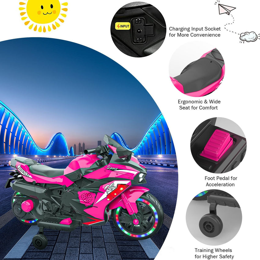 Kids Powered Ride - ons Toy, Kids Motorcycle for 3 - 6 Years, 12V Electric Ride on Motorcycle with Light Wheel & Bluetooth Music - Pink - 7DAY'S