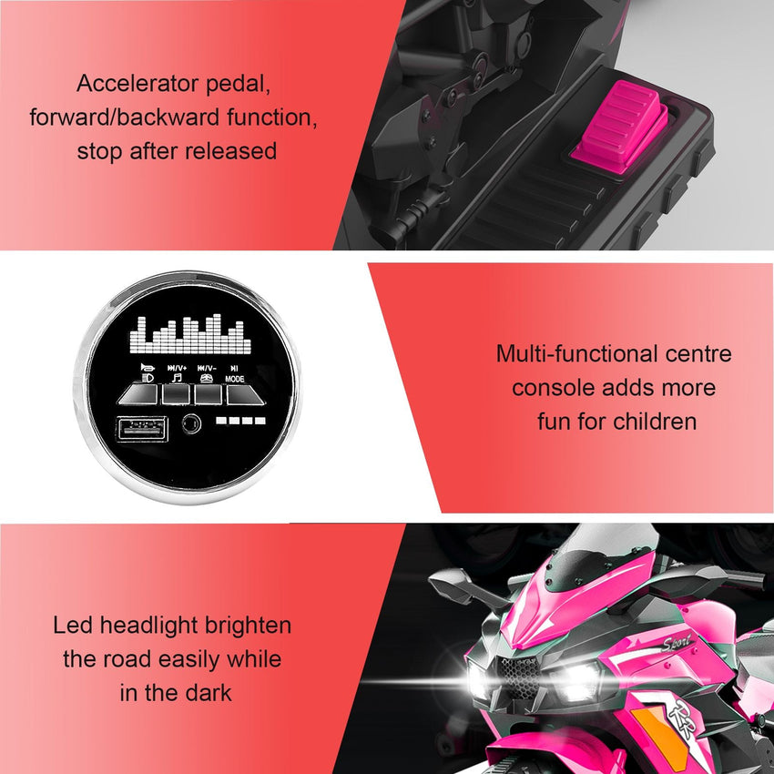 Kids Powered Ride - ons Toy, Kids Motorcycle for 3 - 6 Years, 12V Electric Ride on Motorcycle with Light Wheel & Bluetooth Music - Pink - 7DAY'S