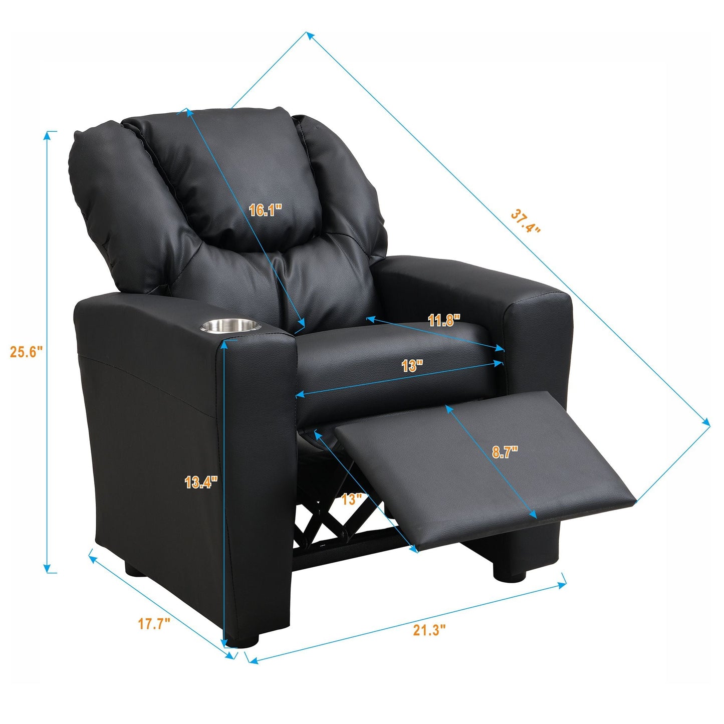 Kids Recliner Chair, Kids Upholstered Couch with One Cup Holder, Footrest, Backrest, Toddlers PVC Recliner with Headrest and Footrest - 7DAY'S