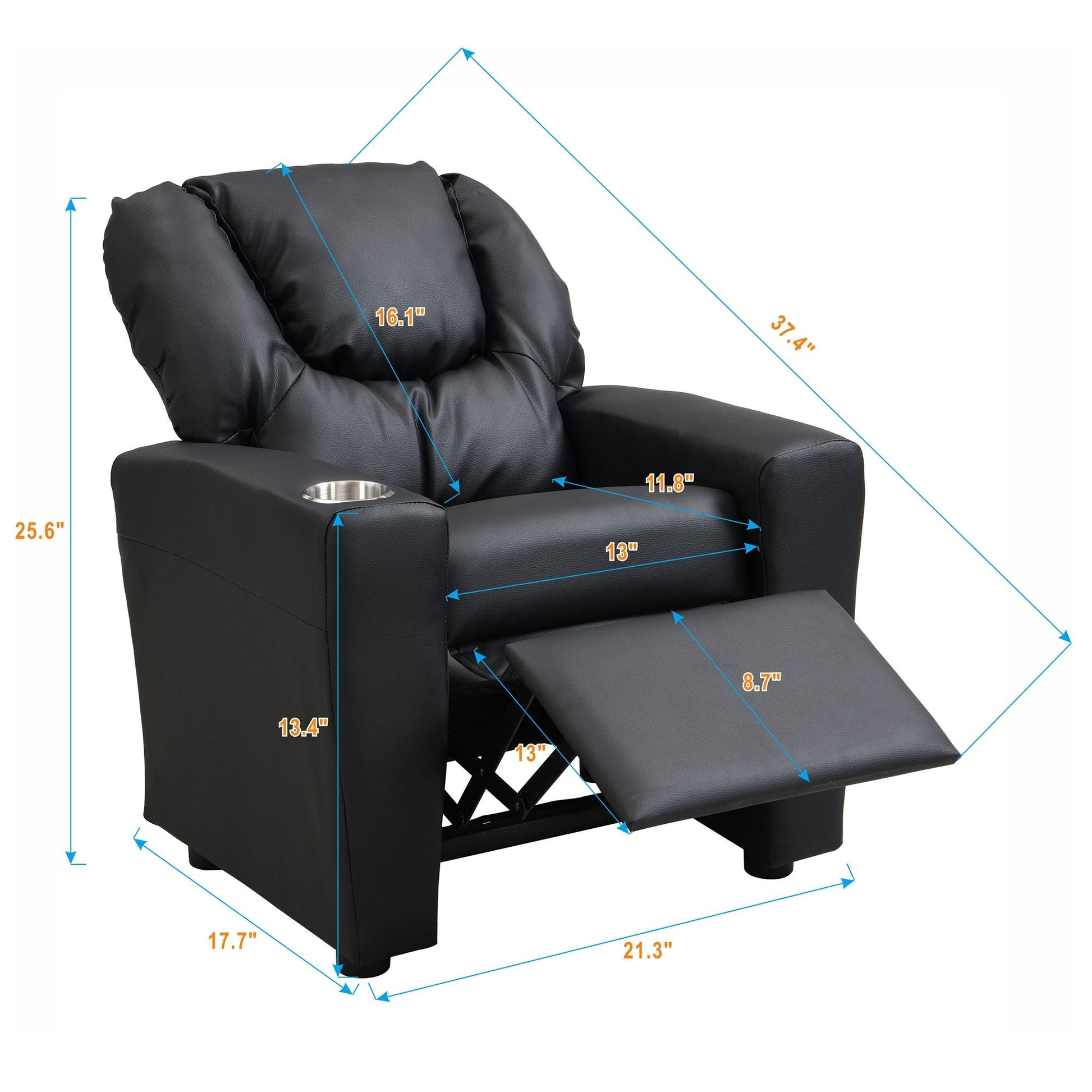 Kids Recliner Chair, Kids Upholstered Couch with One Cup Holder, Footrest, Backrest, Toddlers PVC Recliner with Headrest and Footrest - 7DAY'S