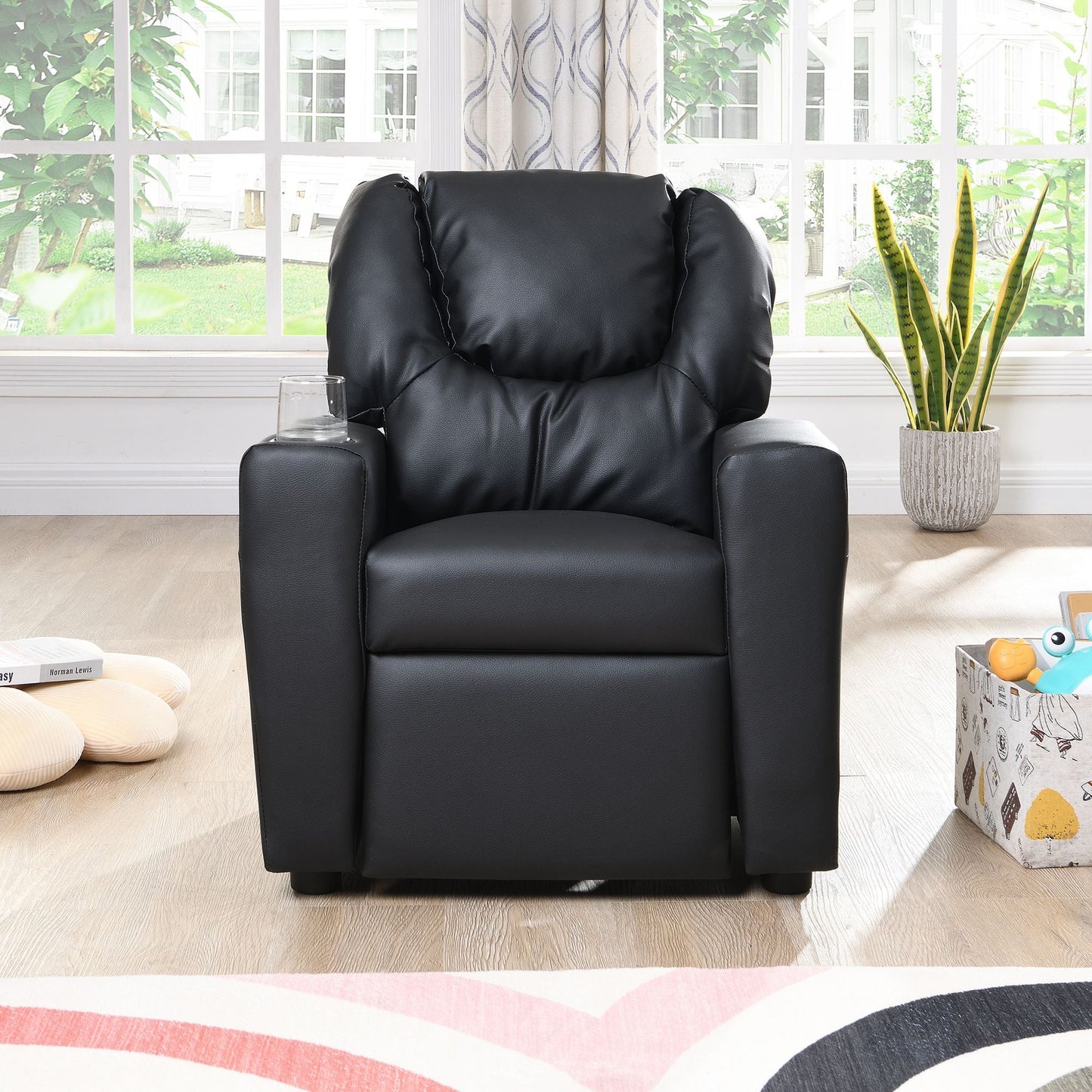 Kids Recliner Chair, Kids Upholstered Couch with One Cup Holder, Footrest, Backrest, Toddlers PVC Recliner with Headrest and Footrest - 7DAY'S