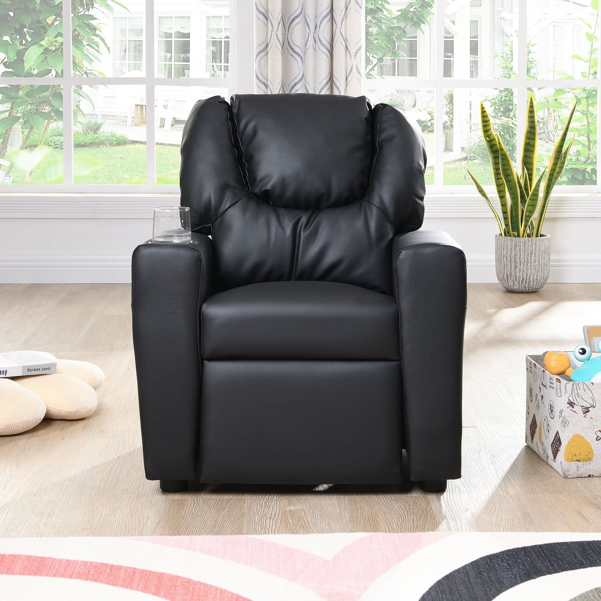 Kids Recliner Chair, Kids Upholstered Couch with One Cup Holder, Footrest, Backrest, Toddlers PVC Recliner with Headrest and Footrest - 7DAY'S