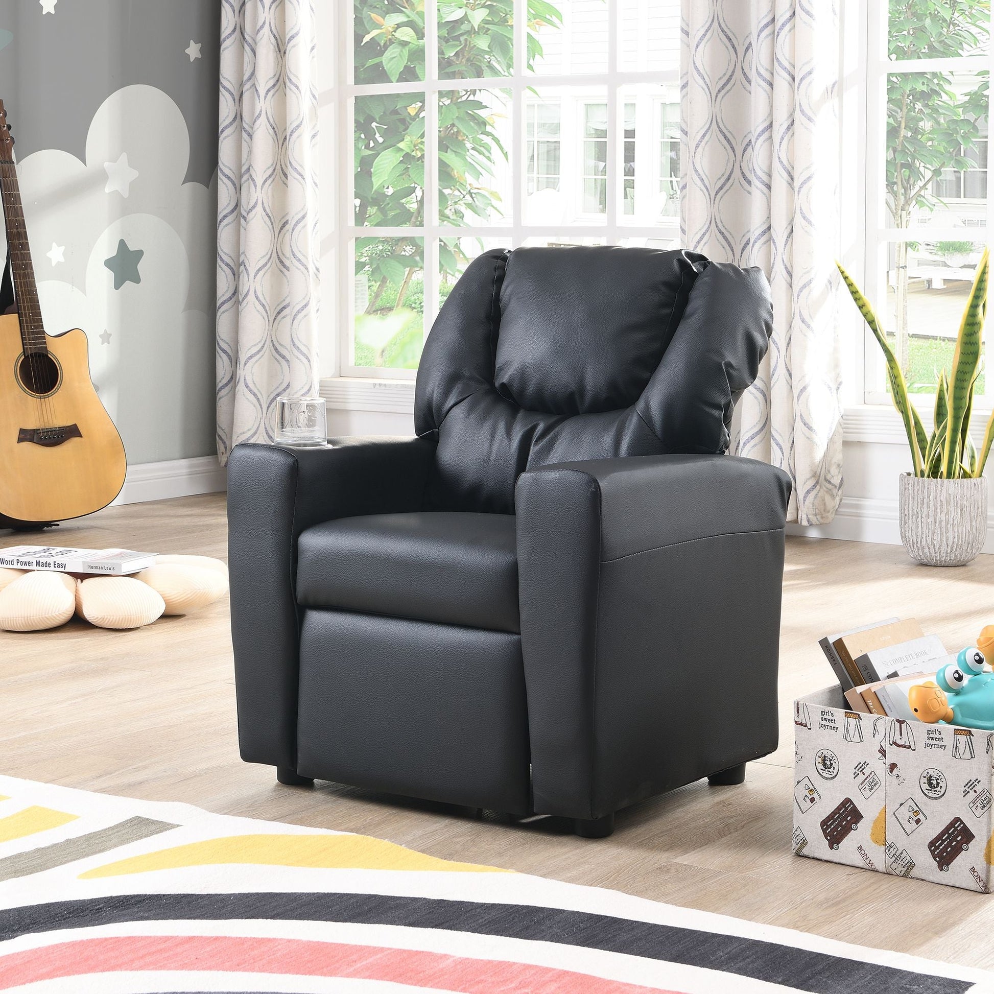 Kids Recliner Chair, Kids Upholstered Couch with One Cup Holder, Footrest, Backrest, Toddlers PVC Recliner with Headrest and Footrest - 7DAY'S