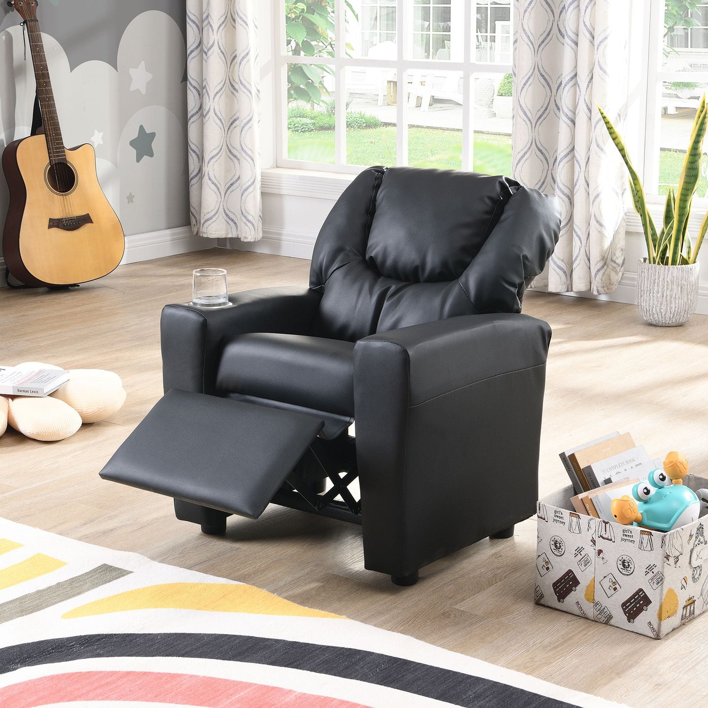 Kids Recliner Chair, Kids Upholstered Couch with One Cup Holder, Footrest, Backrest, Toddlers PVC Recliner with Headrest and Footrest - 7DAY'S