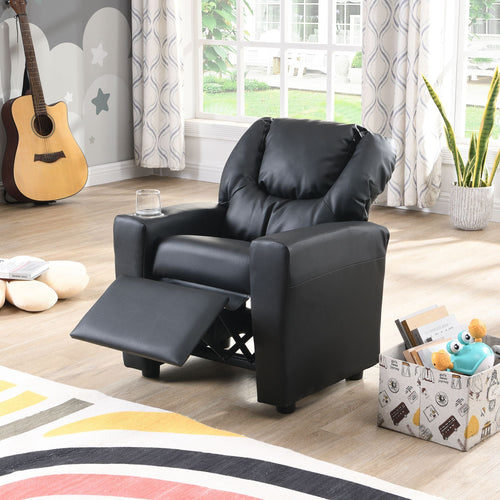 Kids Recliner Chair, Kids Upholstered Couch with One Cup Holder, Footrest, Backrest, Toddlers PVC Recliner with Headrest and Footrest