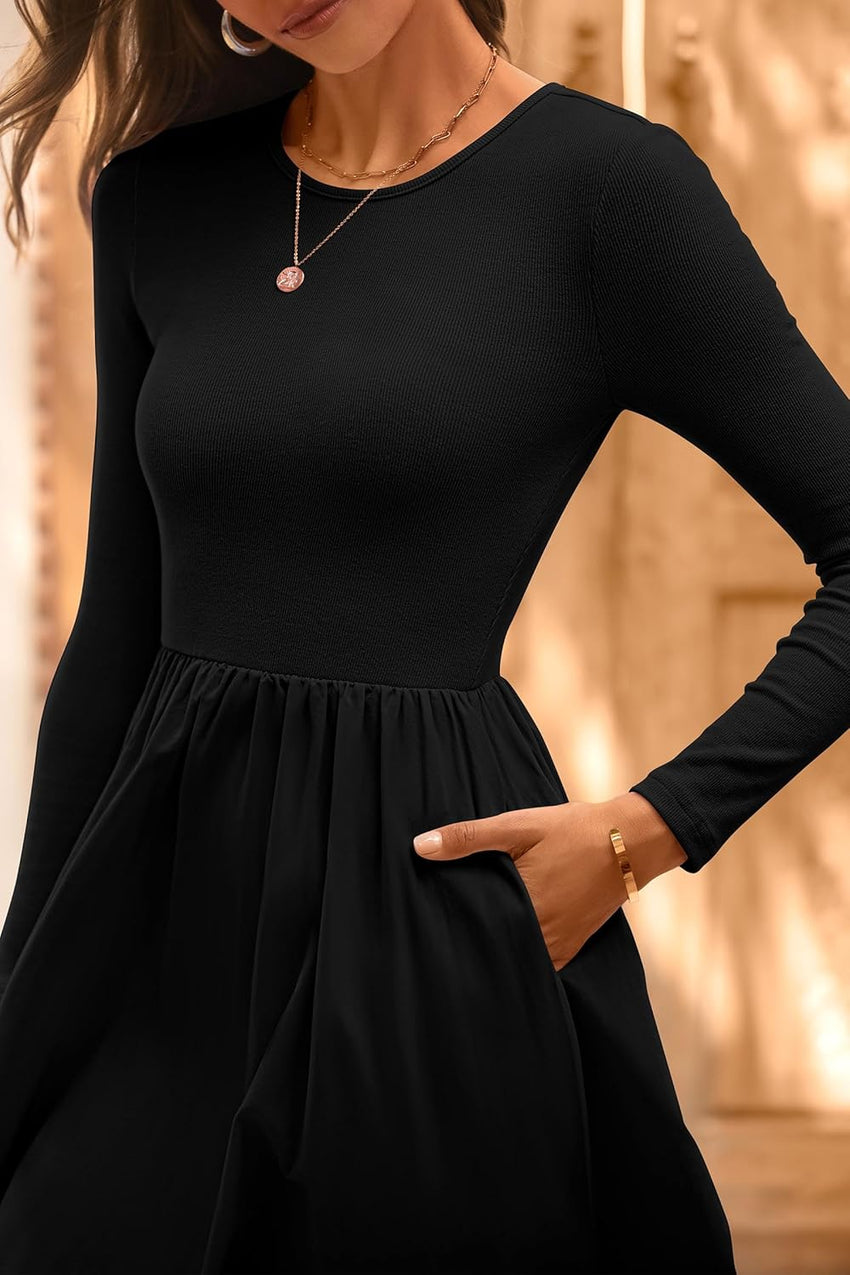 KIRUNDO Women's Casual Long Sleeve Fall Wedding Guest Dress 2025 Spring Summer Elegant Boho Flowy Midi Dresses Pockets - 7DAY'S