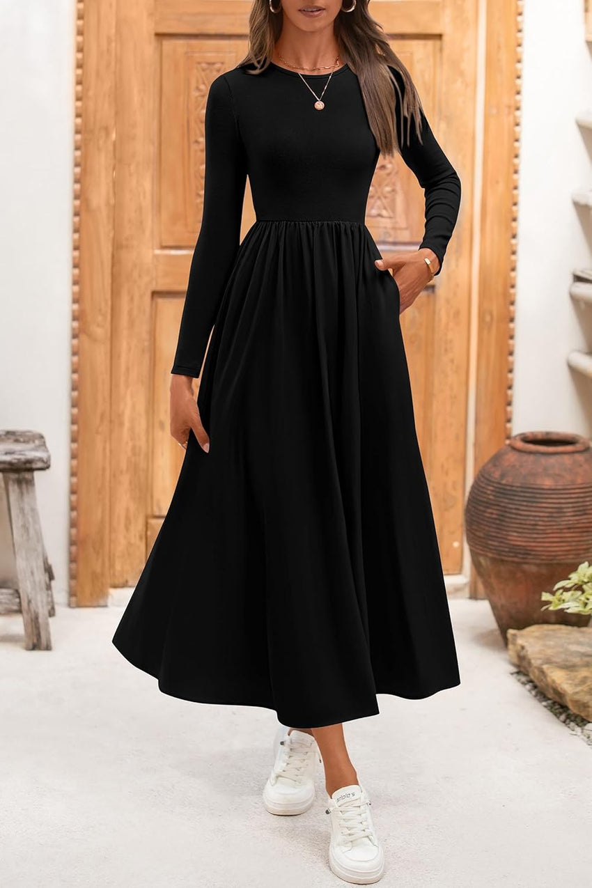 KIRUNDO Women's Casual Long Sleeve Fall Wedding Guest Dress 2025 Spring Summer Elegant Boho Flowy Midi Dresses Pockets - 7DAY'S