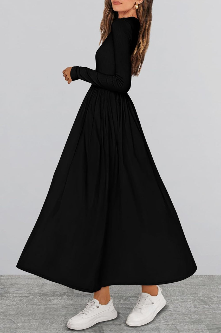 KIRUNDO Women's Casual Long Sleeve Fall Wedding Guest Dress 2025 Spring Summer Elegant Boho Flowy Midi Dresses Pockets - 7DAY'S