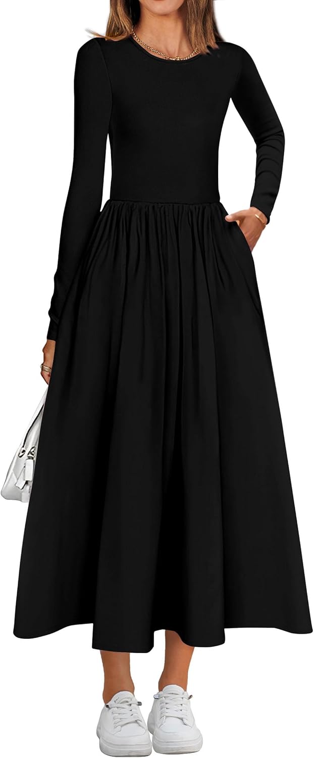 KIRUNDO Women's Casual Long Sleeve Fall Wedding Guest Dress 2025 Spring Summer Elegant Boho Flowy Midi Dresses Pockets - 7DAY'S