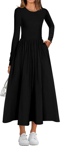 KIRUNDO Women's Casual Long Sleeve Fall Wedding Guest Dress 2025 Spring Summer Elegant Boho Flowy Midi Dresses Pockets - 7DAY'S