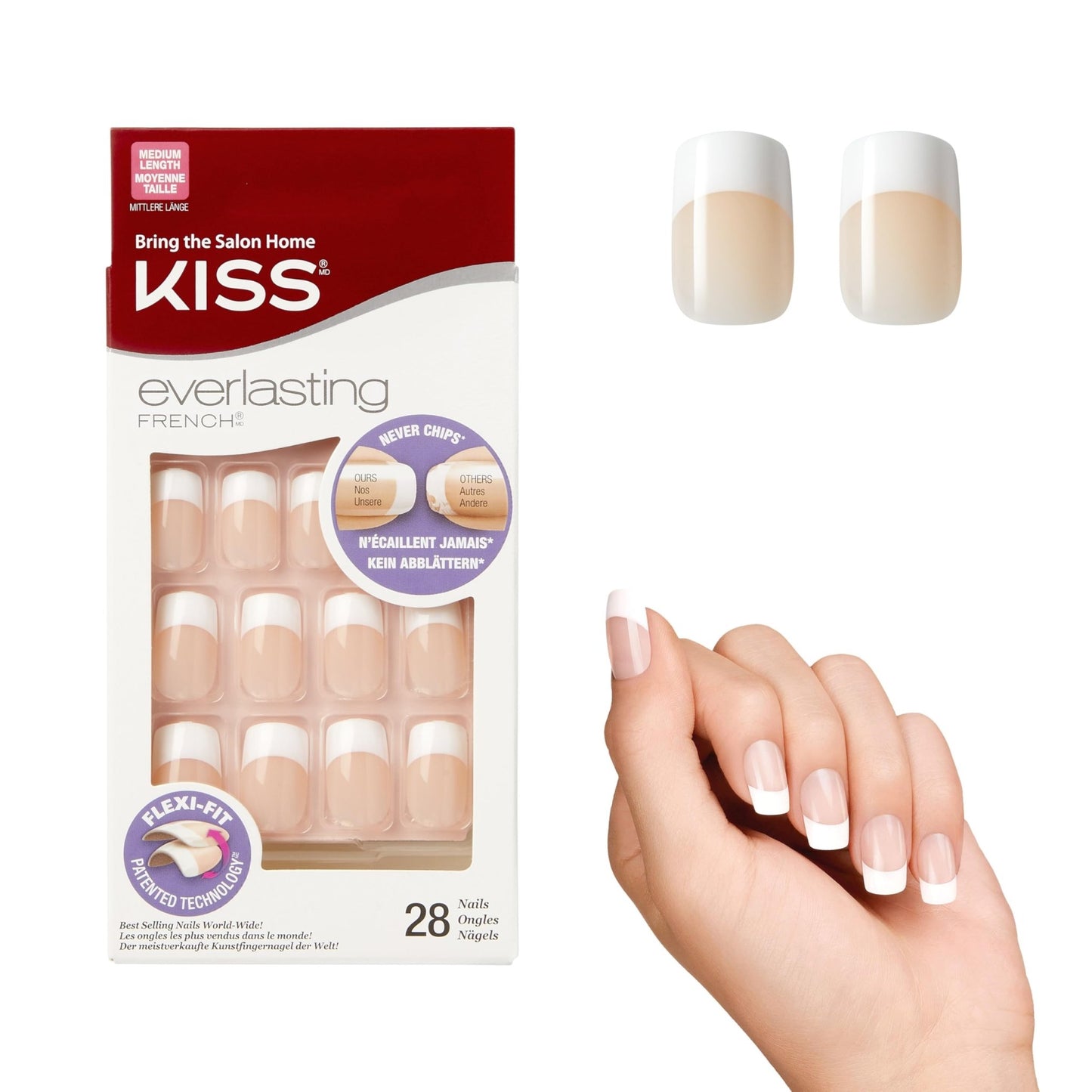 Kiss Everlasting French Nail Manicure, Chip - Free with Flexi - Fit Technology, Real Short, "Endless", Nail Kit with Pink Nail Glue (Net Wt. 2 g / 0.07oz.), Mini File, Manicure Stick, and 28 Fake Nails - 7DAY'S