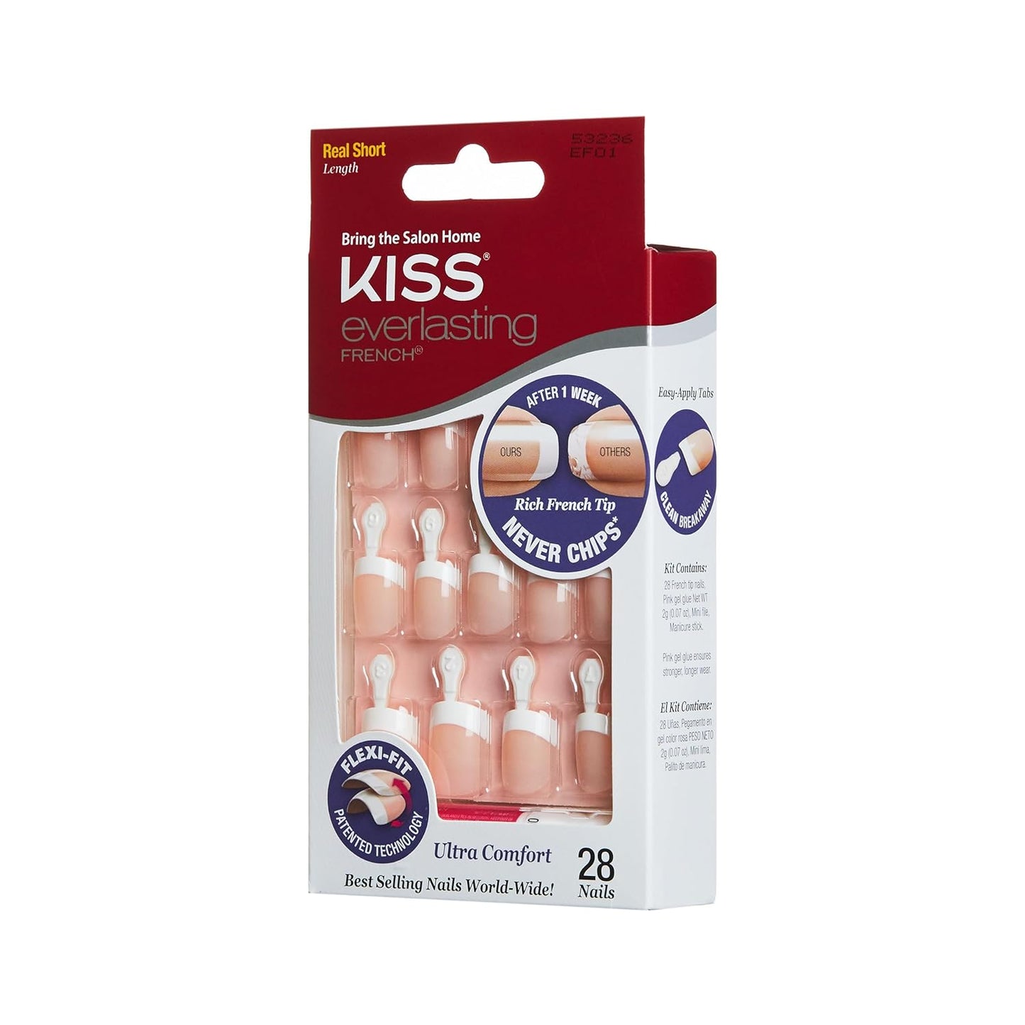 Kiss Everlasting French Nail Manicure, Chip - Free with Flexi - Fit Technology, Real Short, "Endless", Nail Kit with Pink Nail Glue (Net Wt. 2 g / 0.07oz.), Mini File, Manicure Stick, and 28 Fake Nails - 7DAY'S
