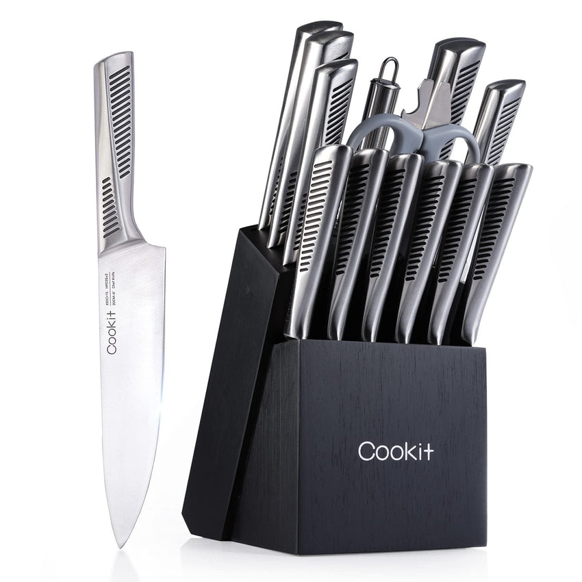 Kitchen Knife Set, 15 Piece Knife Sets with Block, Chef Knives with Non - Slip German Stainless Steel Hollow Handle Cutlery Set with Multifunctional Scissors Knife Sharpener Amazon Platform Banned - 7DAY'S