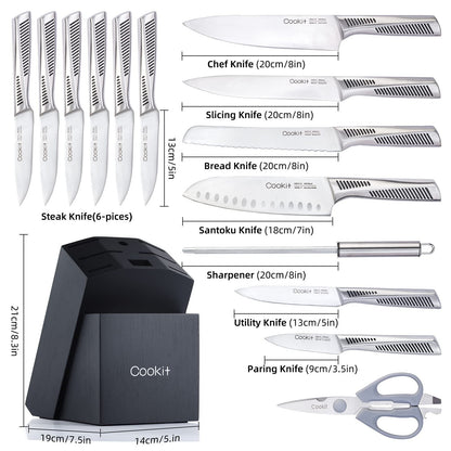 Kitchen Knife Set, 15 Piece Knife Sets with Block, Chef Knives with Non - Slip German Stainless Steel Hollow Handle Cutlery Set with Multifunctional Scissors Knife Sharpener Amazon Platform Banned - 7DAY'S