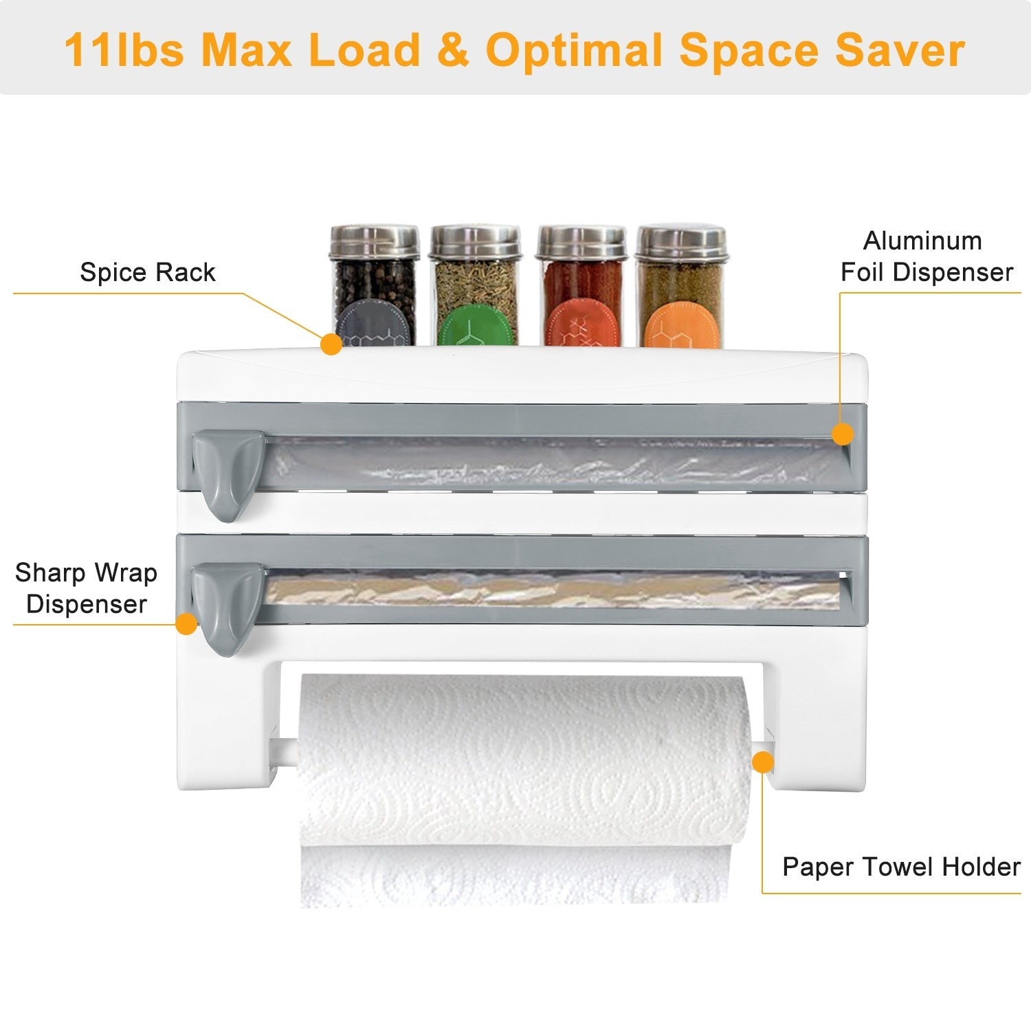 Kitchen Roll Dispenser Paper Roll Holder Plastic Wrap Film Foil Paper Organizer w/ Cutter Wall Mounted for Kitchen Bathroom - 7DAY'S