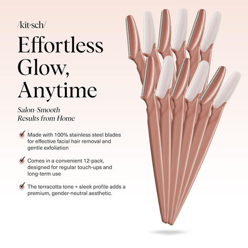 Kitsch Dermaplane Razor for Women Face - Face Razors for Women and Men - Eyebrow Trimmer, Shaver, Recycled Plastic Dermaplaning and Skin Care Tool - Terracotta, 12 pcs - 7DAY'S