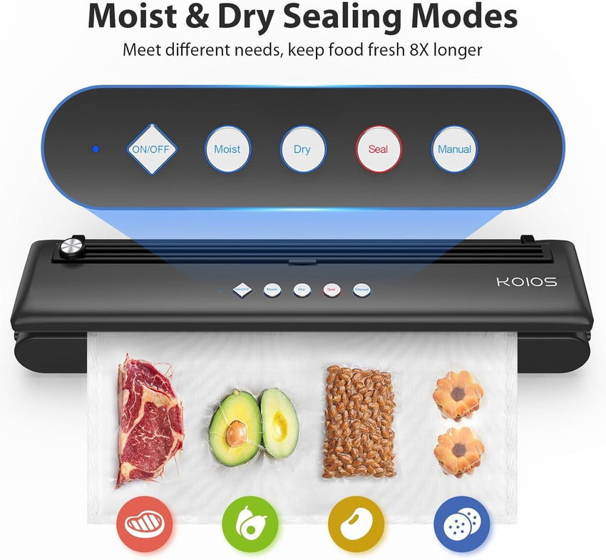 KOIOS Vacuum Sealer Machine, Automatic Food Sealer with Cutter, Dry & Moist Modes, Compact Design Powerful Suction Air Sealing System with 10 Sealing Bags & Air Suction Hose - 7DAY'S