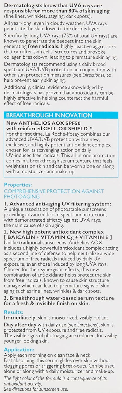 La Roche - Posay Anthelios AOX Daily Antioxidant Serum with SPF, Face Moisturizer with Sunscreen and Vitamin C & E, Oil Free Face Sunscreen for Sensitive Skin, Moisturizing Sun Protection - 7DAY'S