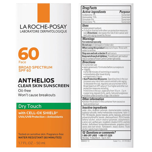 La Roche - Posay Anthelios Clear Skin Sunscreen Dry Touch SPF 60, Oil Free Sunscreen For Face, Oil Absorbing, Broad Spectrum SPF + Antioxidants, Non - Greasy, Oxybenzone Free, Travel Size - 7DAY'S