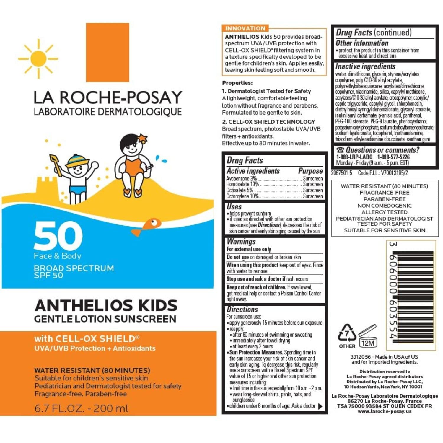 La Roche - Posay Anthelios Kids Gentle Lotion Sunscreen SPF 50, Broad Spectrum SPF + Antioxidants, Sunscreen For Kids, Octinoxate & Oxybenzone - Free, Pediatrician Tested, Non Comedogenic, Oil Free - 7DAY'S