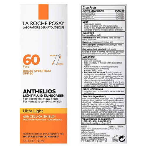 La Roche - Posay Anthelios Light Fluid Facial Sunscreen SPF 60, Lightweight Sunscreen For Face, Fluid Texture, Broad Spectrum SPF + Antioxidants, Oil Free & Oxybenzone Free, Travel Size 1.7 Fl. Oz. - 7DAY'S