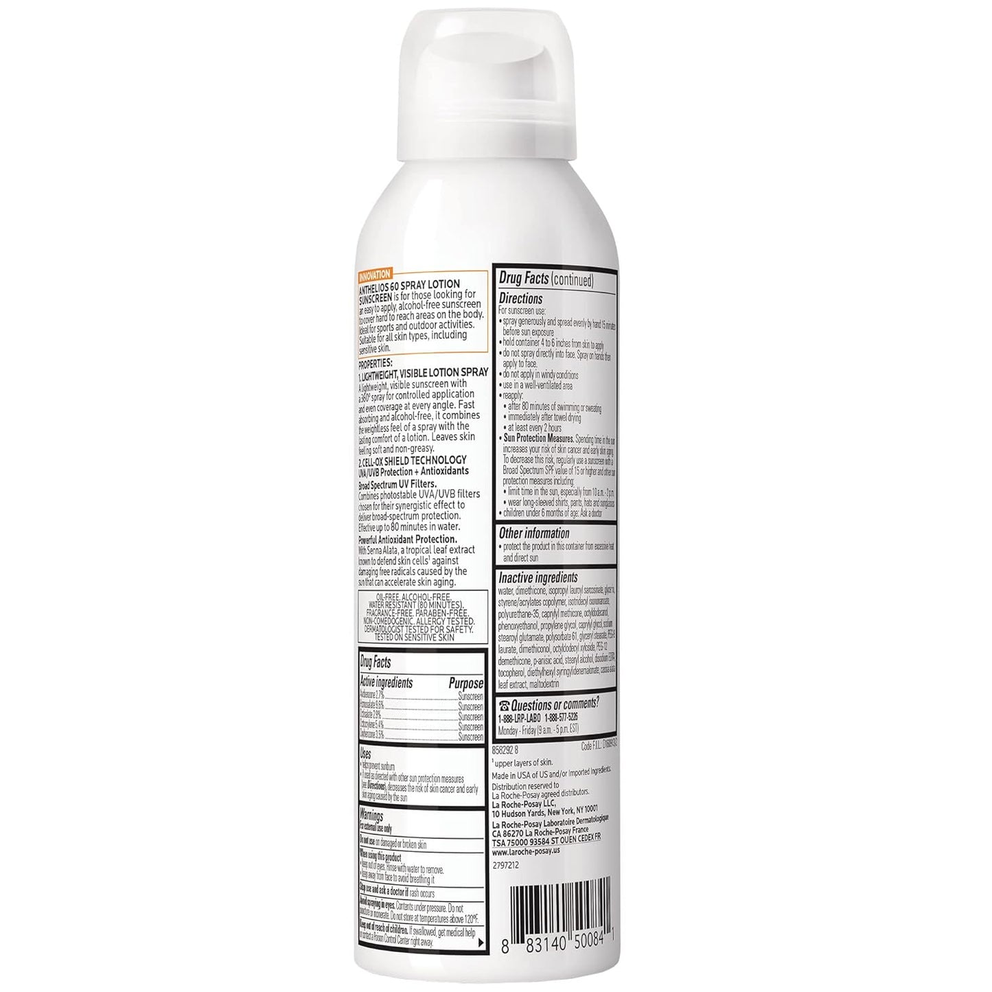 La Roche - Posay Anthelios Ultra - Light Sunscreen Spray Lotion SPF 60, Spray Sunscreen For Face & Body, Broad Spectrum SPF + Antioxidants, Oil Free, Alcohol Free, Water Resistant 80 Min., 5 Fl. Oz. - 7DAY'S