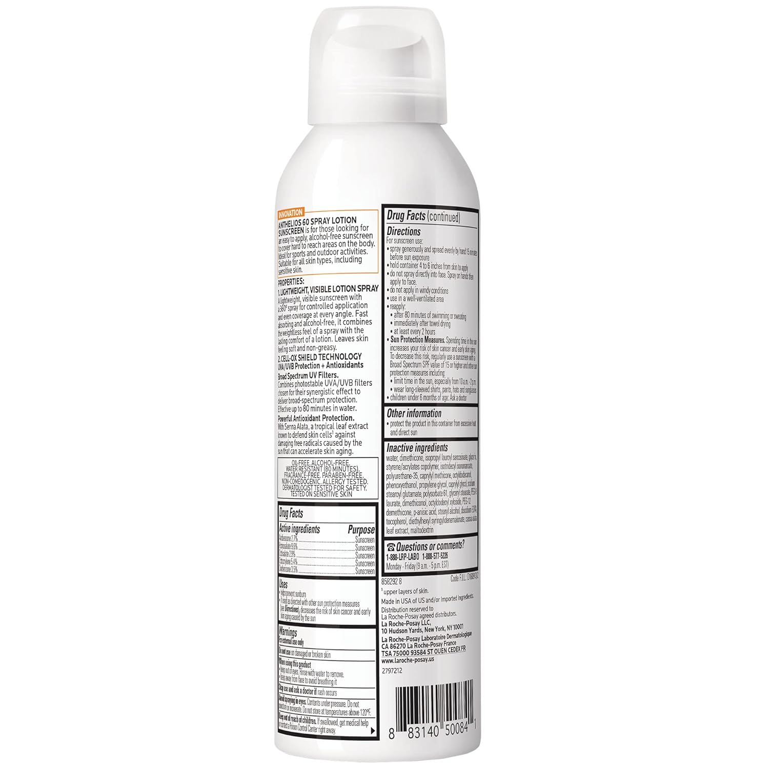 La Roche - Posay Anthelios Ultra - Light Sunscreen Spray Lotion SPF 60, Spray Sunscreen For Face & Body, Broad Spectrum SPF + Antioxidants, Oil Free, Alcohol Free, Water Resistant 80 Min., 5 Fl. Oz. - 7DAY'S
