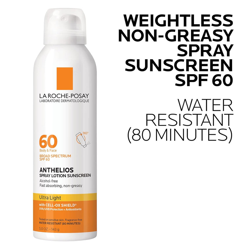 La Roche - Posay Anthelios Ultra - Light Sunscreen Spray Lotion SPF 60, Spray Sunscreen For Face & Body, Broad Spectrum SPF + Antioxidants, Oil Free, Alcohol Free, Water Resistant 80 Min., 5 Fl. Oz. - 7DAY'S
