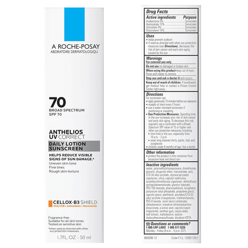 La Roche - Posay Anthelios UV Correct Sunscreen Moisturizer SPF 70, Daily Anti - Aging Face Moisturizer with Sunscreen and Niacinamide to Even Skin Tone & Fine Lines, Sun Protection for Sensitive Skin - 7DAY'S