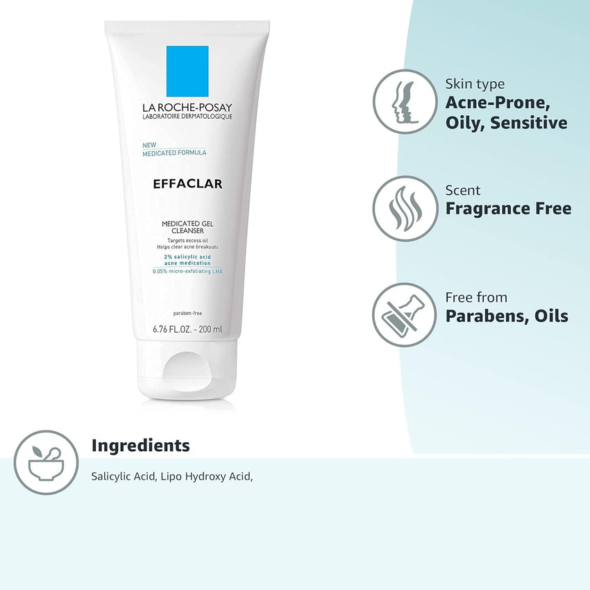 La Roche - Posay Effaclar Medicated Gel Cleanser, 2% Salicylic Acid Cleanser + LHA + Glycerin, Foaming Acne Face Wash, Helps Clear & Prevent Acne Breakouts, Oil Free, Targets Excess Oil - 7DAY'S