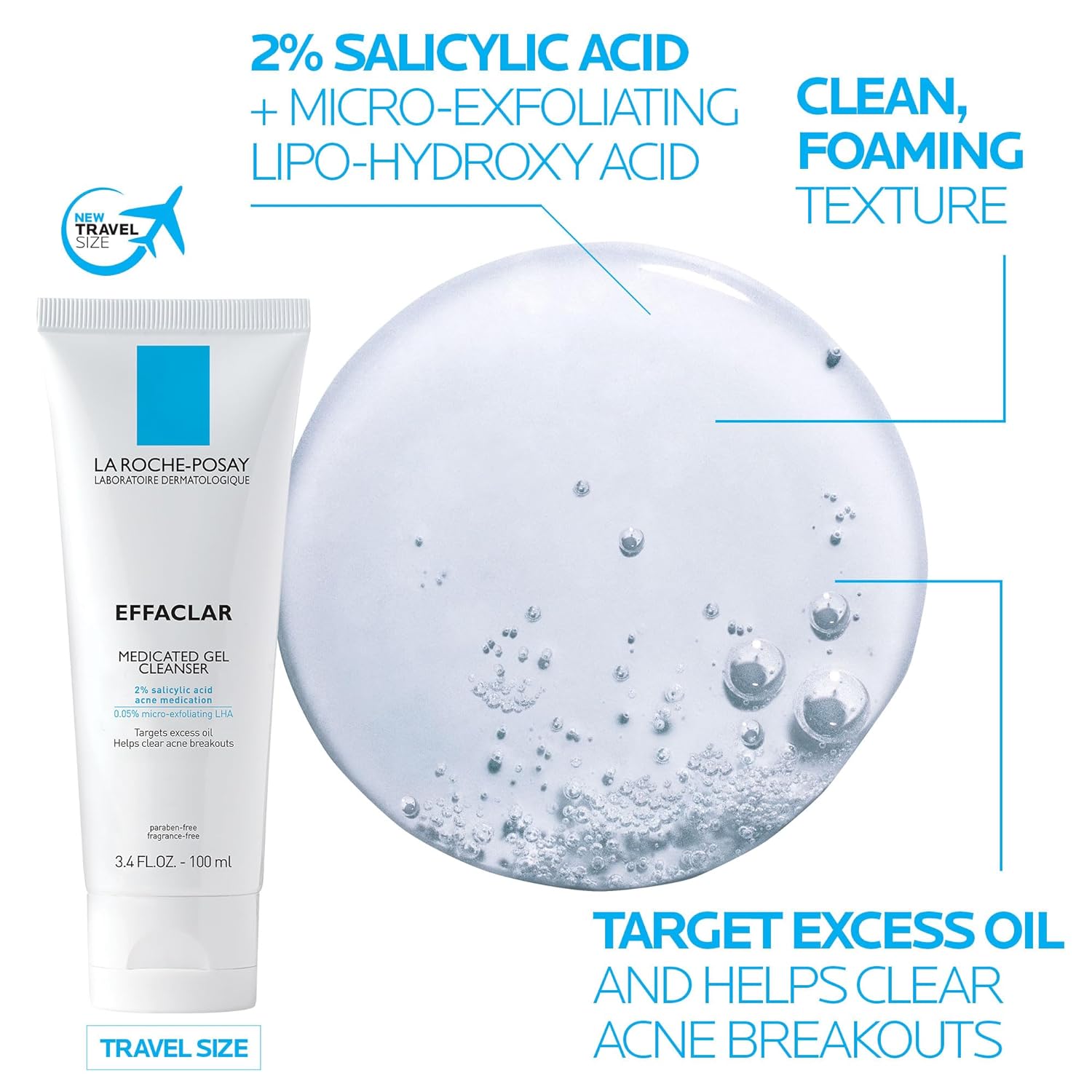 La Roche - Posay Effaclar Medicated Gel Cleanser, 2% Salicylic Acid Cleanser + LHA + Glycerin, Foaming Acne Face Wash, Helps Clear & Prevent Acne Breakouts, Oil Free, Targets Excess Oil - 7DAY'S
