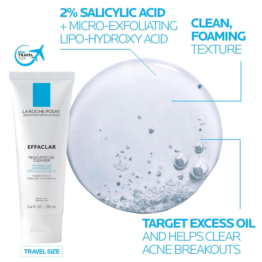 La Roche - Posay Effaclar Medicated Gel Cleanser, 2% Salicylic Acid Cleanser + LHA + Glycerin, Foaming Acne Face Wash, Helps Clear & Prevent Acne Breakouts, Oil Free, Targets Excess Oil - 7DAY'S