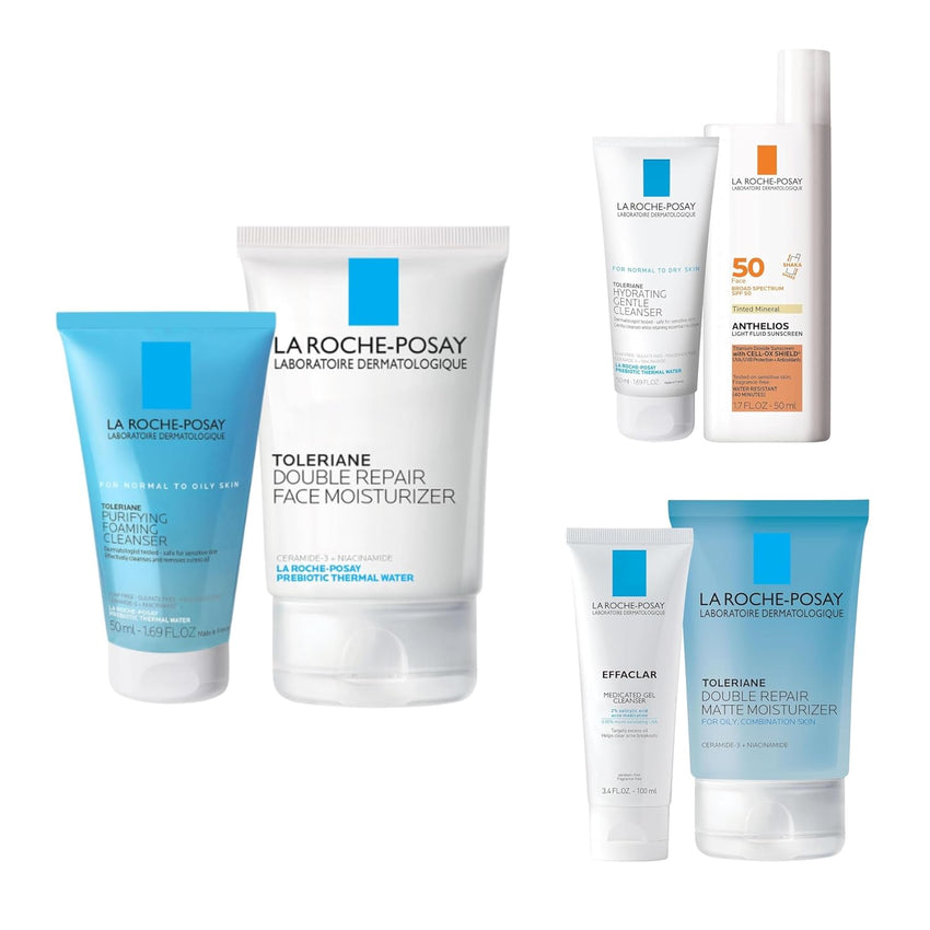 La Roche - Posay Gift Sets, Double Repair Face Moisturizer & Purifying Foaming Cleanser, Tinted Mineral SPF 50 & Hydrating Gentle Cleanser, Medicated Gel Wash & Matte Moisturizer - 7DAY'S
