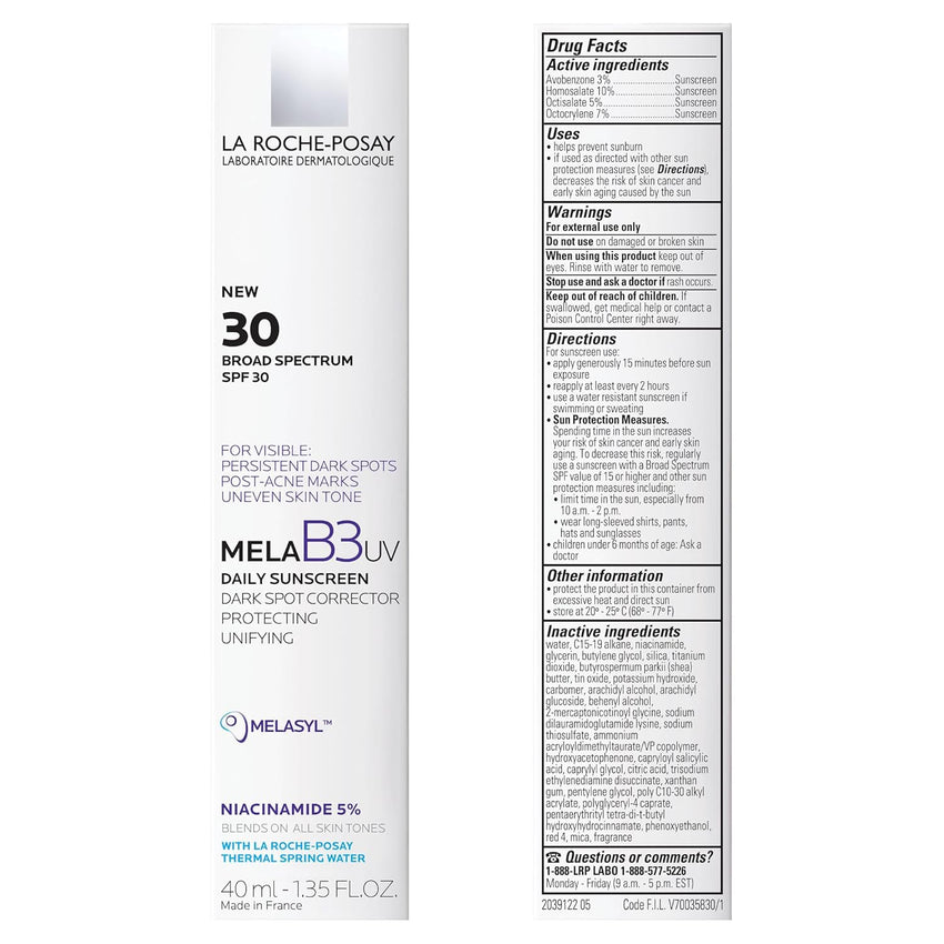 La Roche - Posay Mela B3 UV Daily Sunscreen, Face Moisturizer With SPF 30 + Anti - Aging Melasyl + 5% Niacinamide, Helps Correct & Protect From Sun Damage, Face Sunscreen With No White Cast, 40ML - 7DAY'S