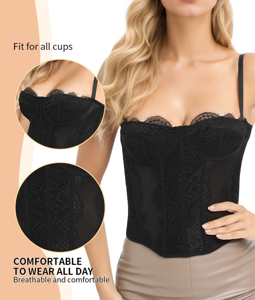 Lace Bustier Corset Tops for Women Going Out Mesh Overbust Adjustable Strap Waist Cincher Crop Bustier Party Rave Date Night Outfit Tank Top - 7DAY'S