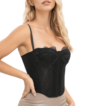 Lace Bustier Corset Tops for Women Going Out Mesh Overbust Adjustable Strap Waist Cincher Crop Bustier Party Rave Date Night Outfit Tank Top - 7DAY'S