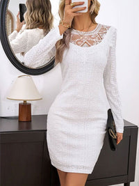 Lace Detail Round Neck Long Sleeve Mini Dress - 7DAY'S