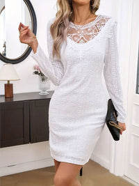 Lace Detail Round Neck Long Sleeve Mini Dress - 7DAY'S