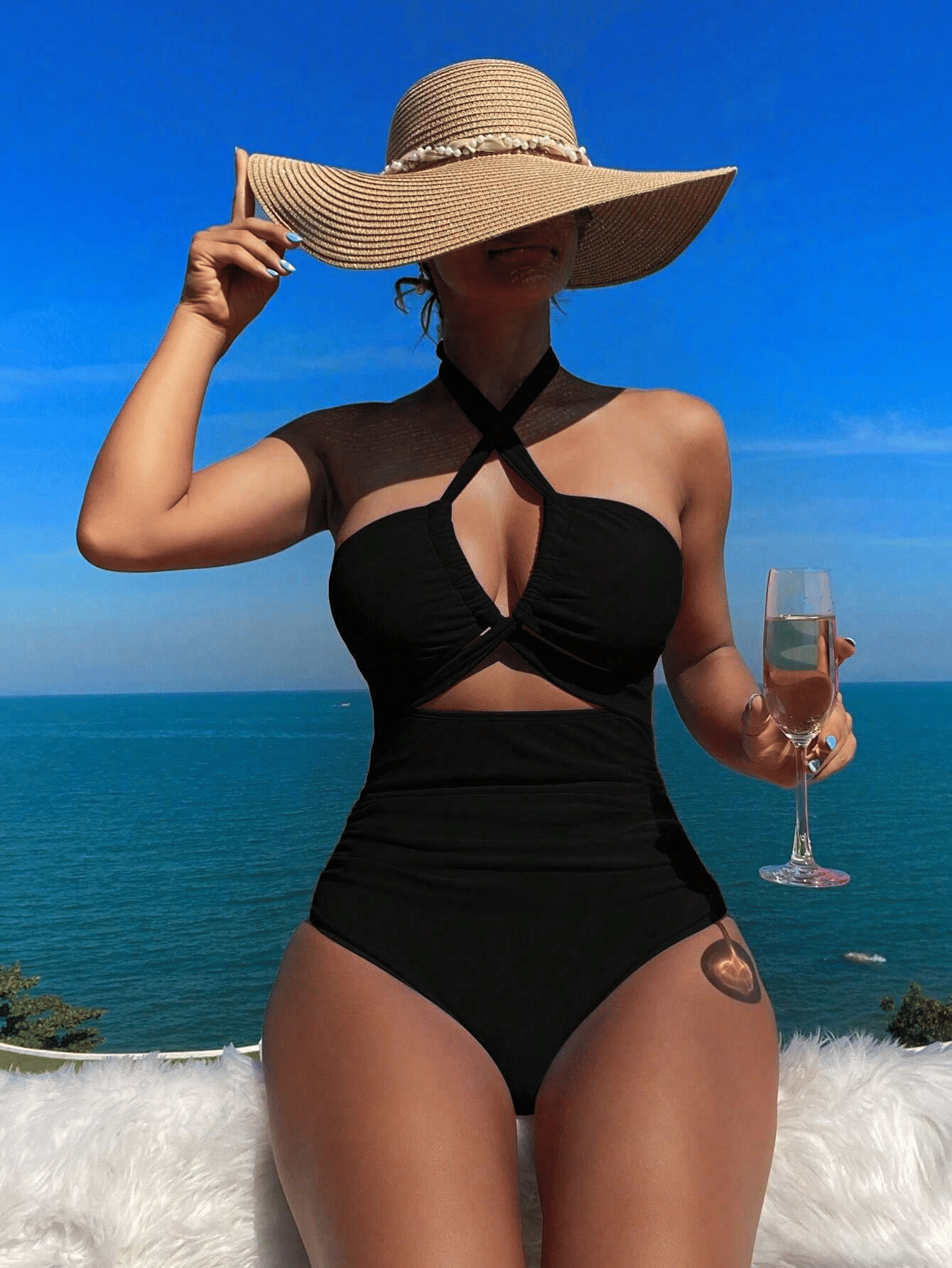 Ladies' cross pleated sexy hanging neck and exposed waist one - piece bikini swimsuit - 7DAY'S