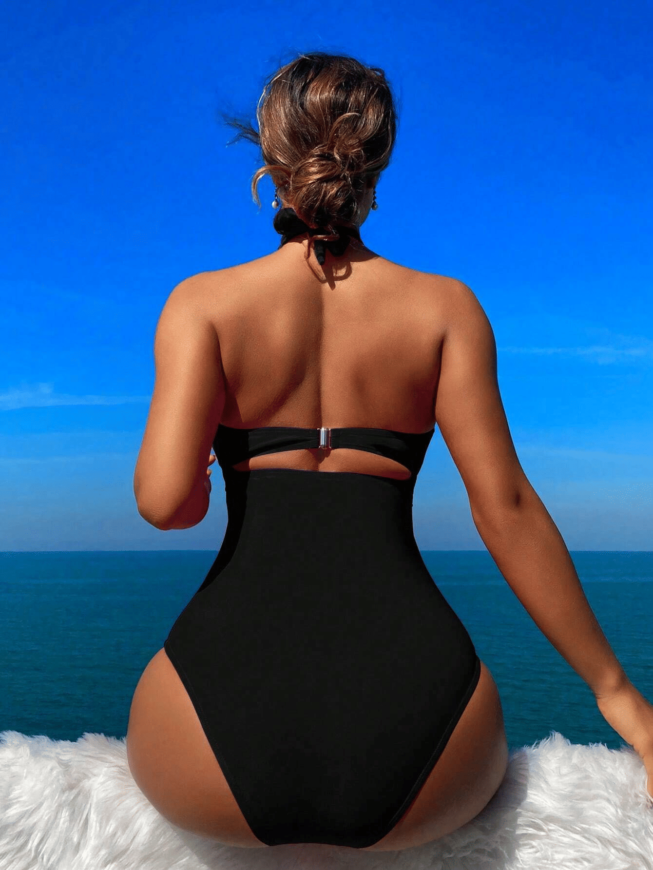 Ladies' cross pleated sexy hanging neck and exposed waist one - piece bikini swimsuit - 7DAY'S
