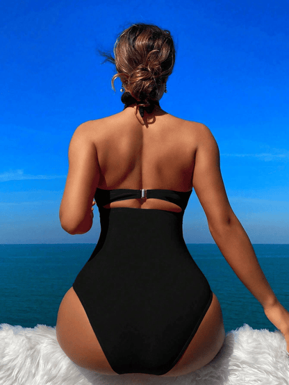 Ladies' cross pleated sexy hanging neck and exposed waist one - piece bikini swimsuit - 7DAY'S