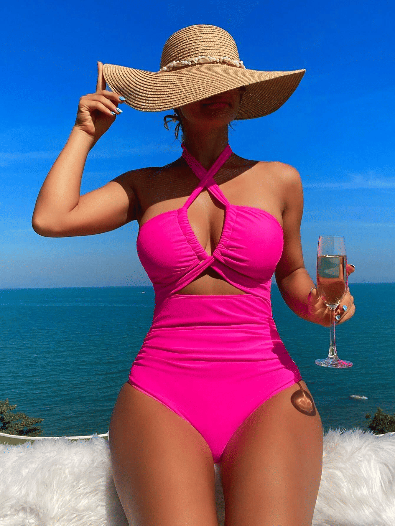 Ladies' cross pleated sexy hanging neck and exposed waist one - piece bikini swimsuit - 7DAY'S