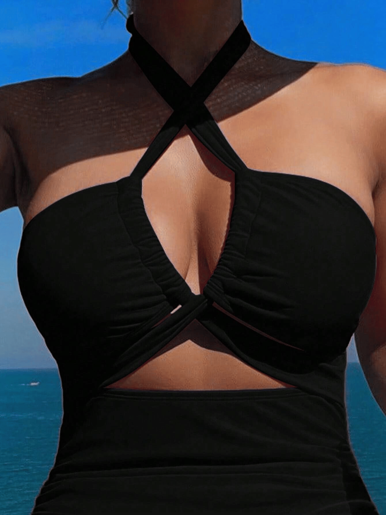 Ladies' cross pleated sexy hanging neck and exposed waist one - piece bikini swimsuit - 7DAY'S