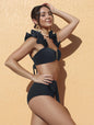 Ladies' split ruffle edge solid color high waist sexy bikini swimsuit looks slim - 7DAY'S