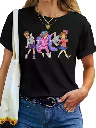 Lady Junie B Jones cartoon pattern T-shirt black short sleeve, vibrant cartoon print, 100% cotton, machine washable