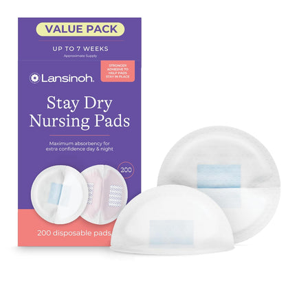 Lansinoh Stay Dry Disposable Nursing Pads, Soft and Super Absorbent Breast Pads, Breastfeeding Essentials for Moms, 200 Count - 7DAY'S
