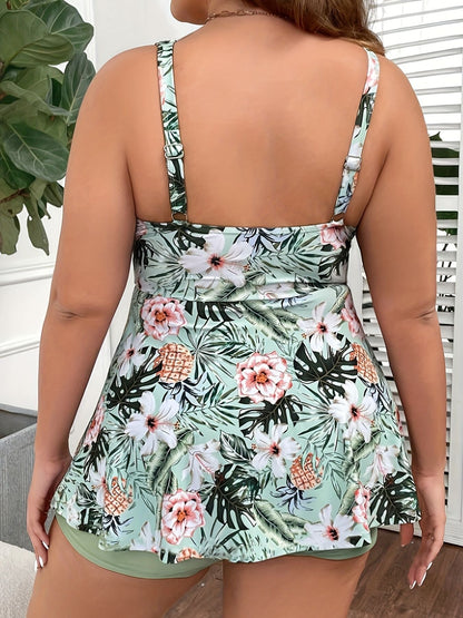 Large size women's swimsuit, green, fresh and fashionable split type Tankini swimsuit - 7DAY'S