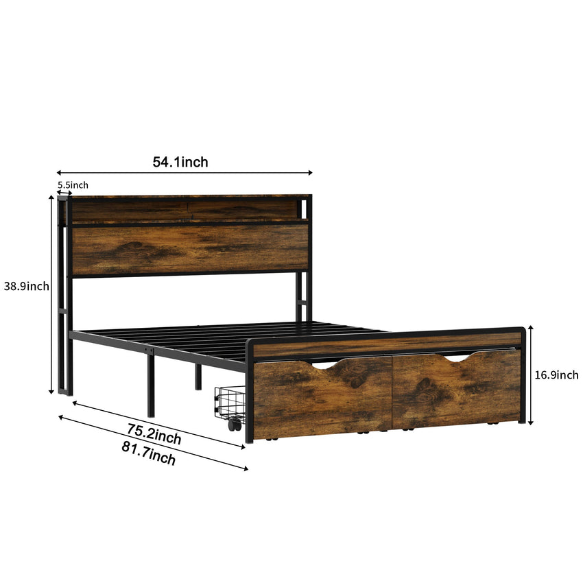 LED Light Full Size Metal Bed Frame with Drawer, Black Heavy Duty Mattress Foundation with Steel Slat Support, Noise Free,81.73"L x 54.13"W x 38.96"H - 7DAY'S